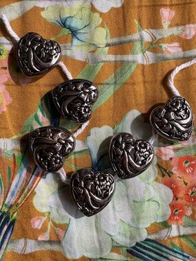 6 pcs Vintage Heart Floral Button Covers- Silver Tone